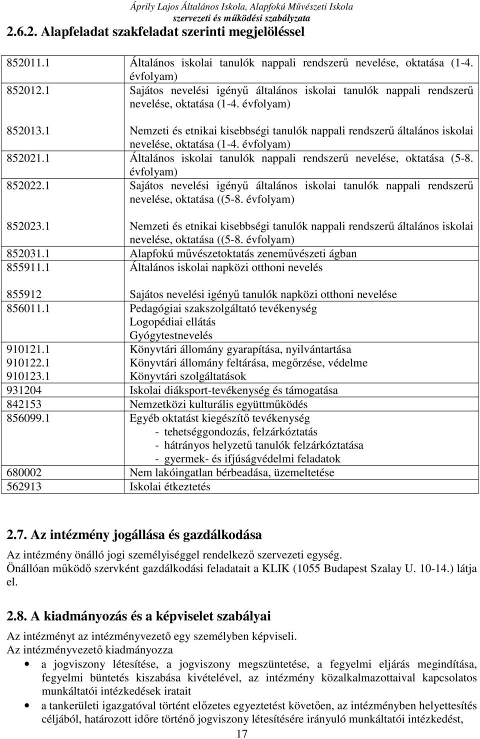 1 Nemzeti és etnikai kisebbségi tanulók nappali rendszerű általános iskolai nevelése, oktatása (1-4. évfolyam) 852021.1 Általános iskolai tanulók nappali rendszerű nevelése, oktatása (5-8.