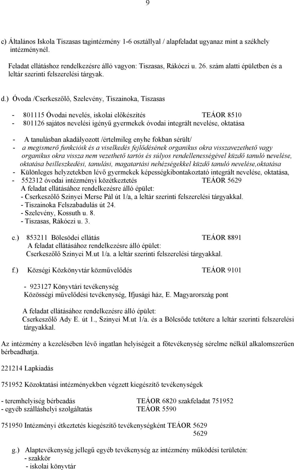 ) Óvoda /Cserkeszőlő, Szelevény, Tiszainoka, Tiszasas - 801115 Óvodai nevelés, iskolai előkészítés TEÁOR 8510-801126 sajátos nevelési igényű gyermekek óvodai integrált nevelése, oktatása - A