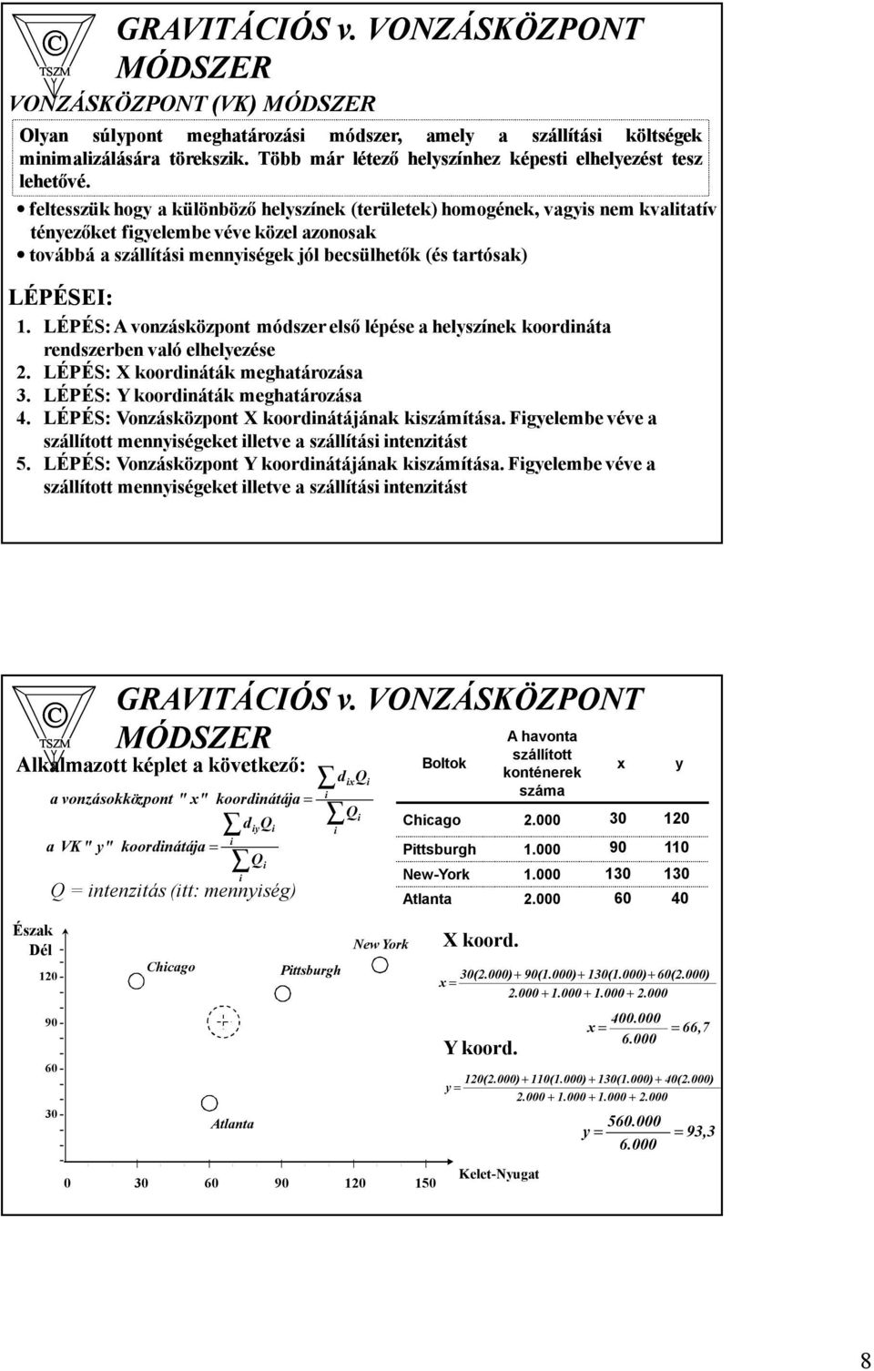 feltesszük hogy a különböző helyszínek (területek) homogének, vagyis nem kvalitatív tényezőket figyelembe véve közel azonosak továbbá a szállítási mennyiségek jól becsülhetők (és tartósak) LÉPÉSEI:.