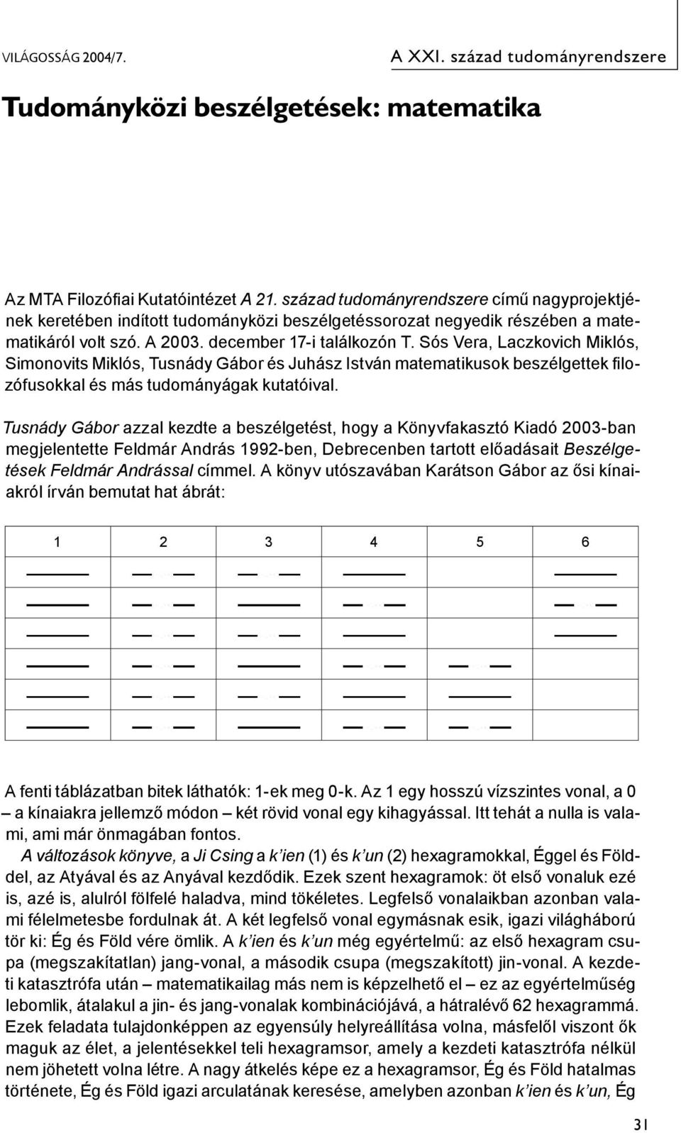 Sós Vera, Laczkovich Miklós, Simonovits Miklós, Tusnády Gábor és Juhász István matematikusok beszélgettek filozófusokkal és más tudományágak kutatóival.