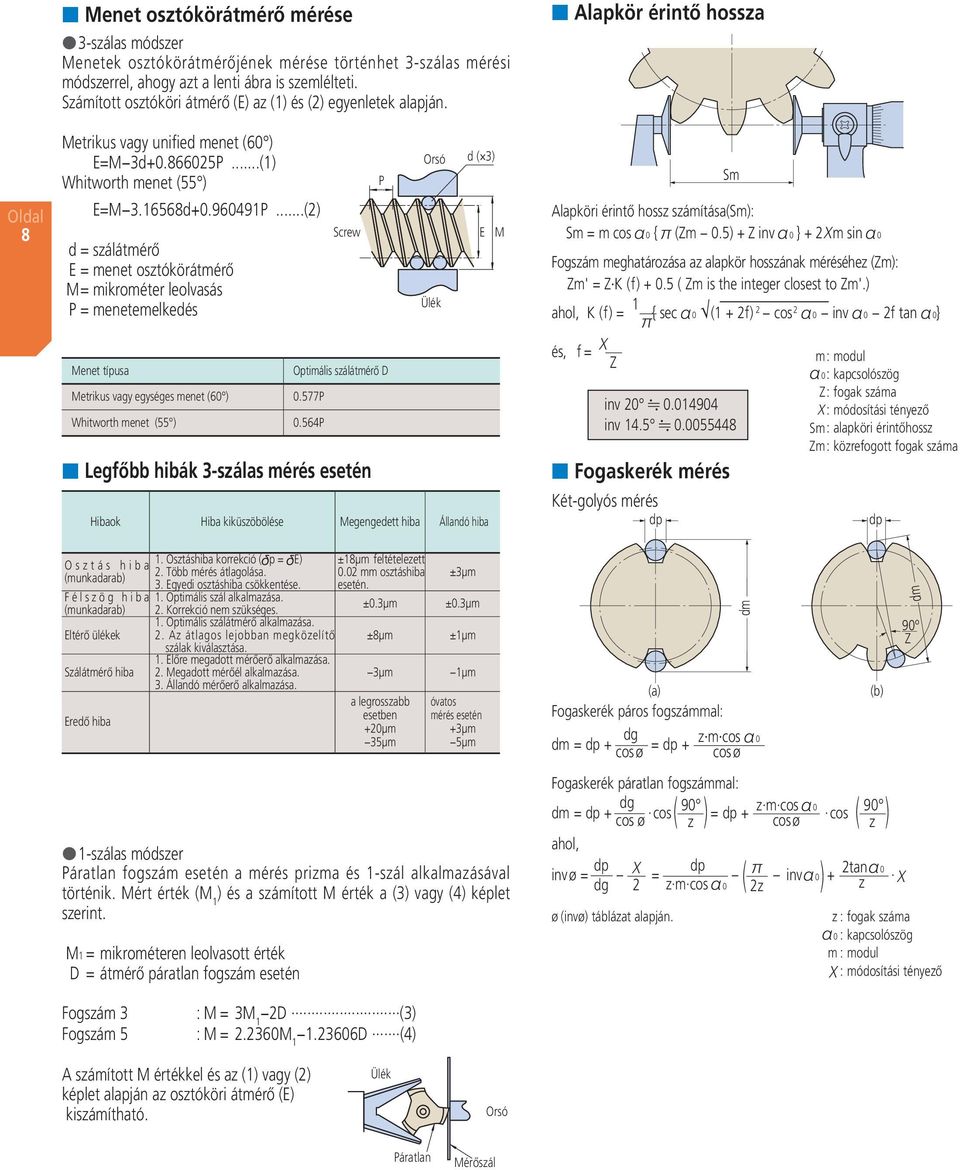 ..() d = szálátmérő E = menet osztókörátmérő M = mikrométer leolvasás P = menetemelkedés Menet típusa Metrikus vagy egységes menet ( ).77P Whitworth menet ( ).