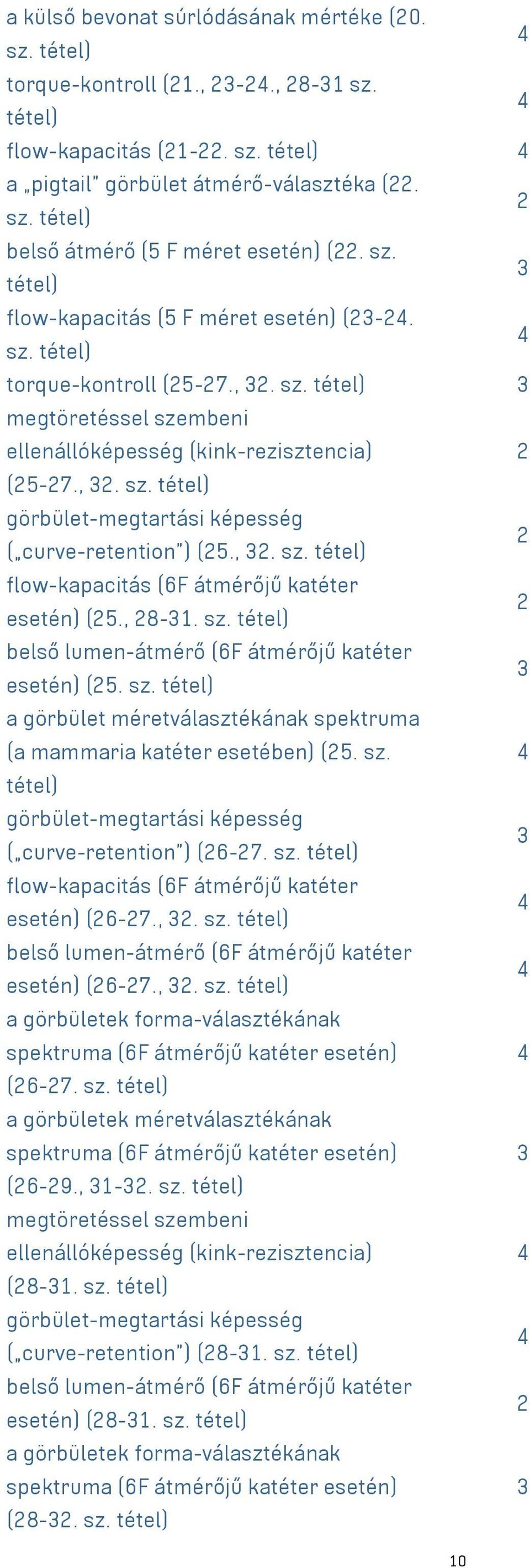 , 8-1. sz. belső lumen-átmérő (6F átmérőjű katéter esetén) (5. sz. a görbület méretválasztékának spektruma (a mammaria katéter esetében) (5. sz. görbület-megtartási képesség ( curve-retention ) (6-7.