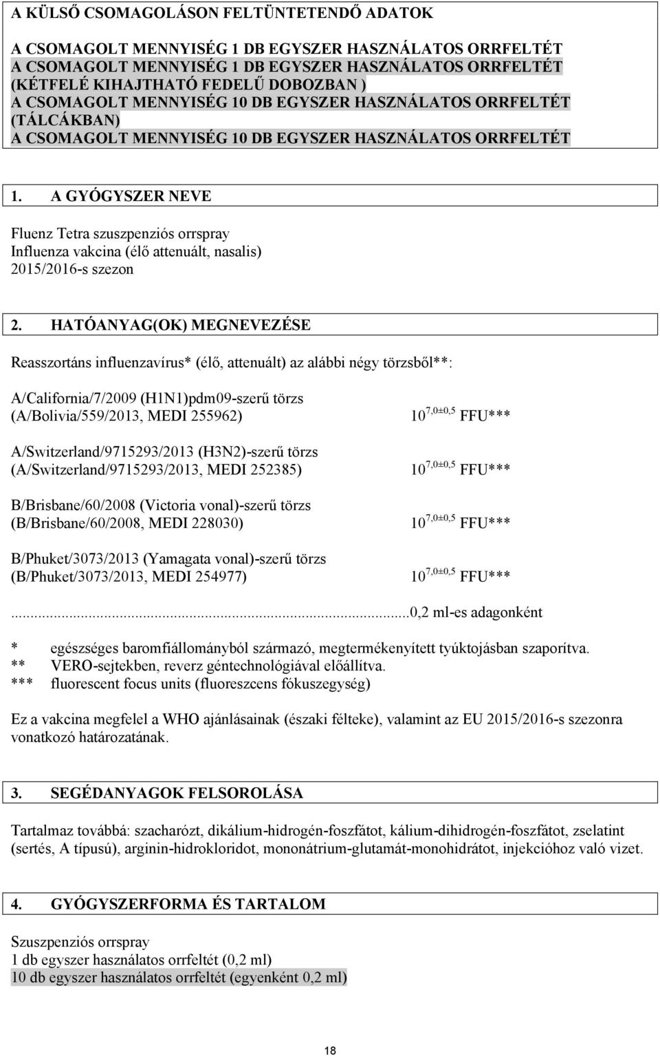 A GYÓGYSZER NEVE Fluenz Tetra szuszpenziós orrspray Influenza vakcina (élő attenuált, nasalis) 2015/2016-s szezon 2.