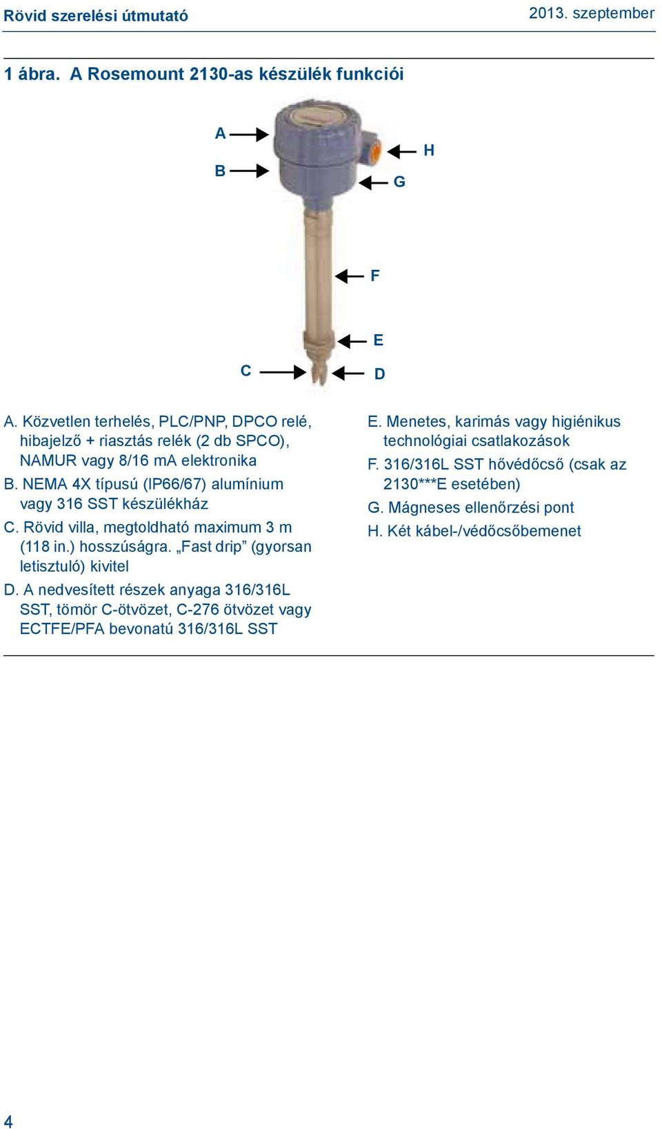 NEMA 4X típusú (IP66/67) alumínium vagy 6 SST készülékház C. Rövid villa, megtoldható maximum m (8 in.) hosszúságra.