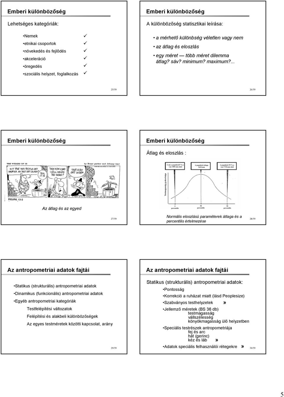 ... 25/59 26/59 Átlag és eloszlás : Az átlag és az egyed 27/59 Normális eloszlású paraméterek átlaga és a percentilis értelmezése 28/59 Az antropometriai adatok fajtái Az antropometriai adatok fajtái