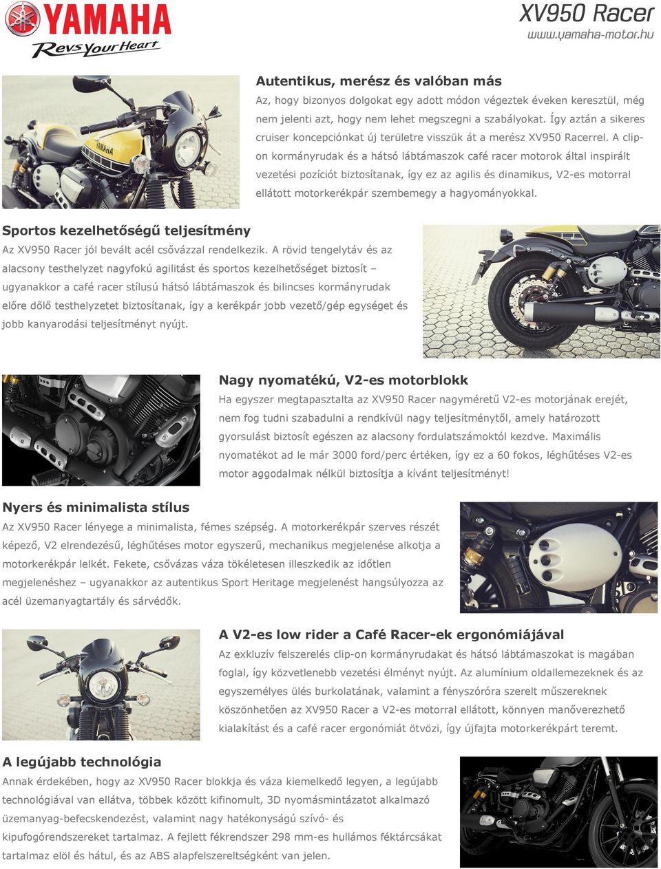 A clipon kormányrudak és a hátsó lábtámaszok café racer motorok által inspirált vezetési pozíciót biztosítanak, így ez az agilis és dinamikus, V2-es motorral ellátott motorkerékpár szembemegy a