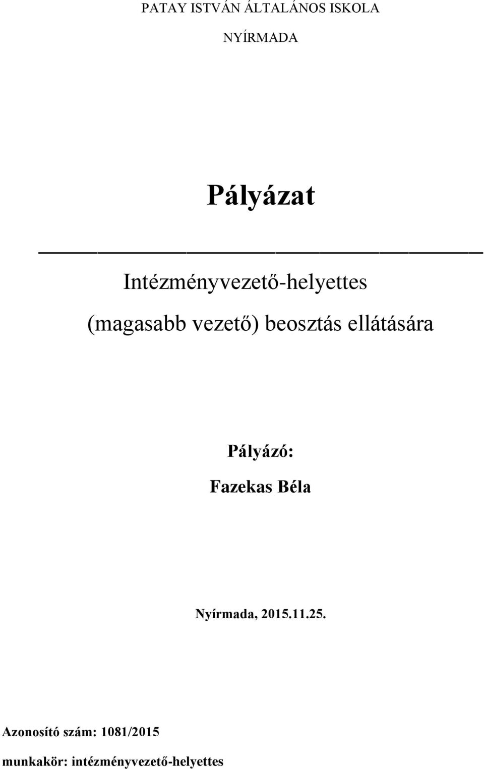 ellátására Pályázó: Fazekas Béla Nyírmada, 2015.11.25.