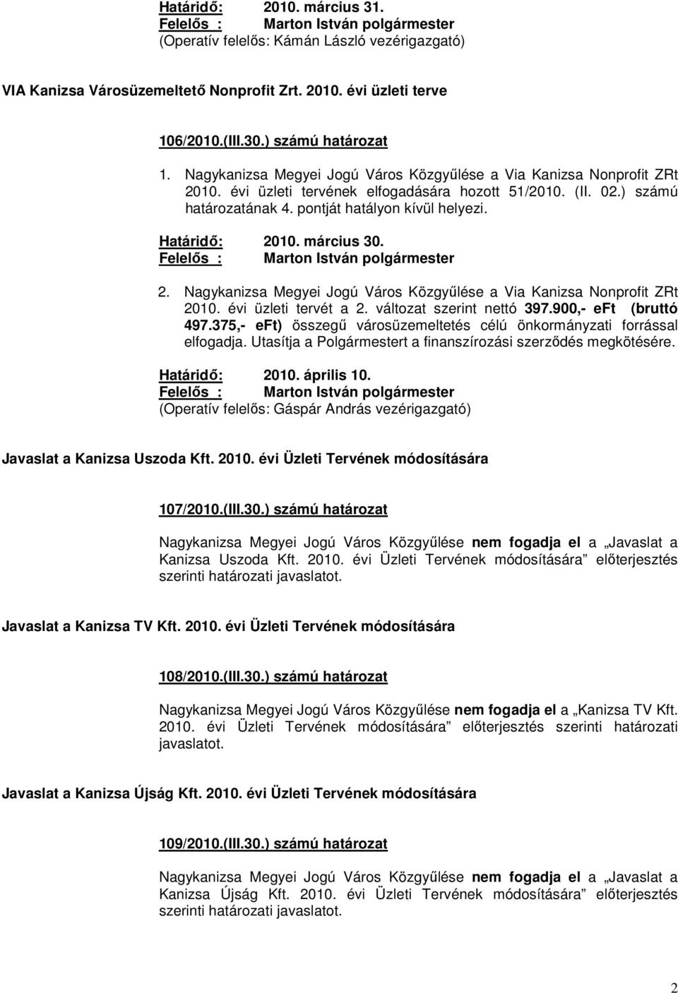 pontját hatályon kívül helyezi. Határidő: 2010. március 30. Felelős : Marton István polgármester 2. Nagykanizsa Megyei Jogú Város Közgyűlése a Via Kanizsa Nonprofit ZRt 2010. évi üzleti tervét a 2.