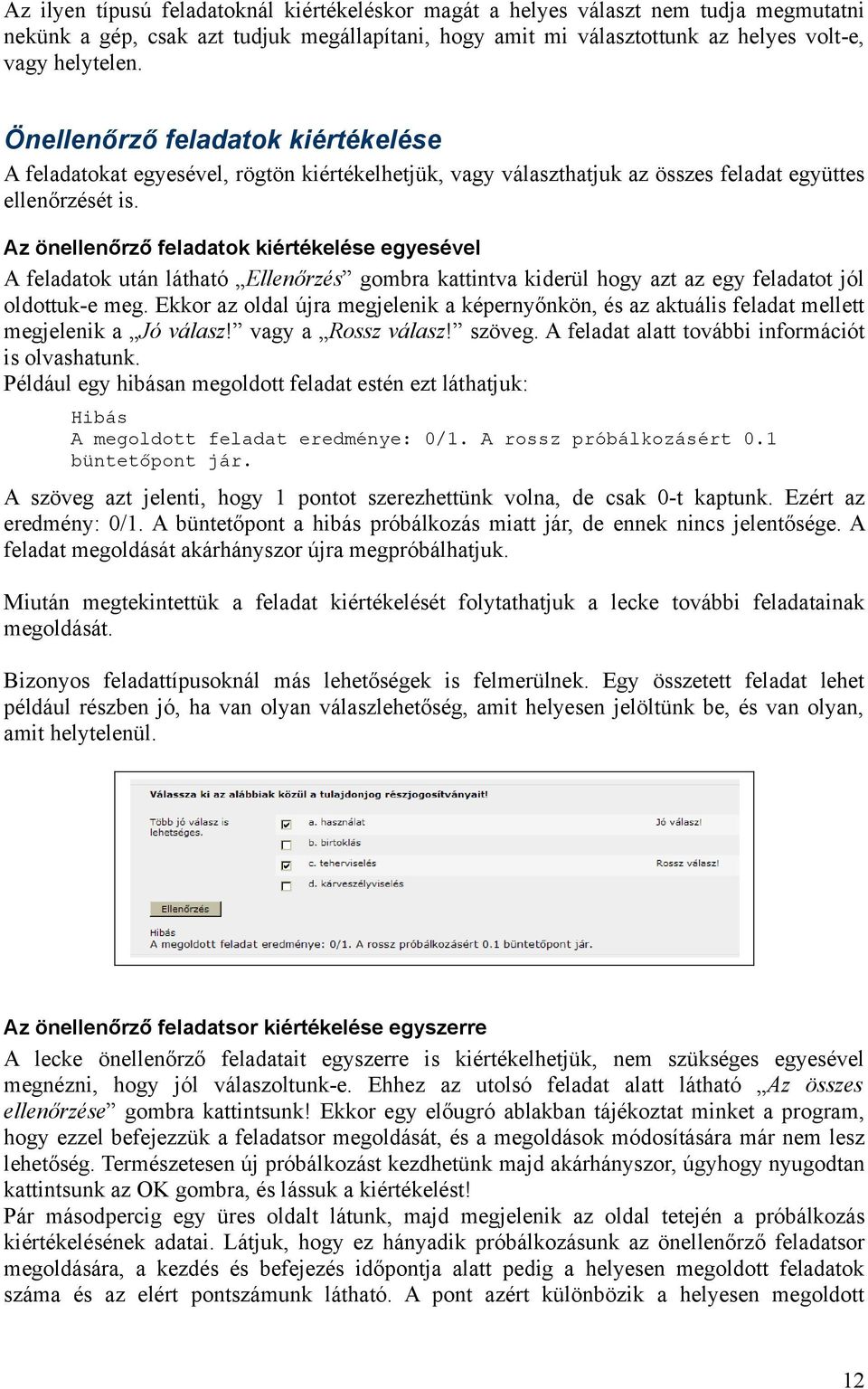 Az önellenőrző feladatok kiértékelése egyesével A feladatok után látható Ellenőrzés gombra kattintva kiderül hogy azt az egy feladatot jól oldottuk-e meg.