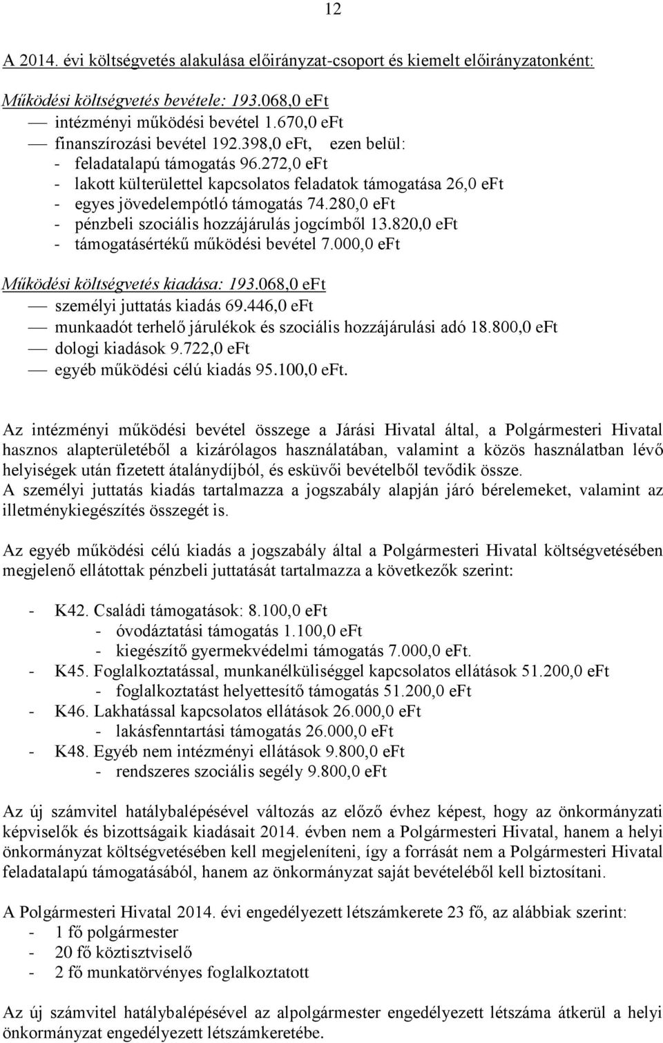 280,0 eft - pénzbeli szociális hozzájárulás jogcímből 13.820,0 eft - támogatásértékű működési bevétel 7.000,0 eft Működési költségvetés kiadása: 193.068,0 eft személyi juttatás kiadás 69.