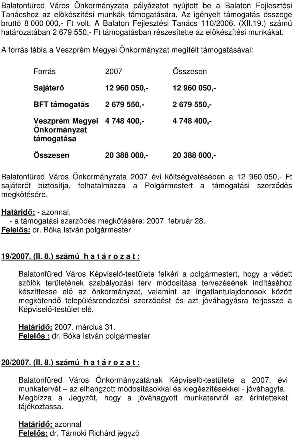 A forrás tábla a Veszprém Megyei Önkormányzat megítélt támogatásával: Forrás 2007 Összesen Sajáterő 12 960 050,- 12 960 050,- BFT támogatás 2 679 550,- 2 679 550,- Veszprém Megyei Önkormányzat
