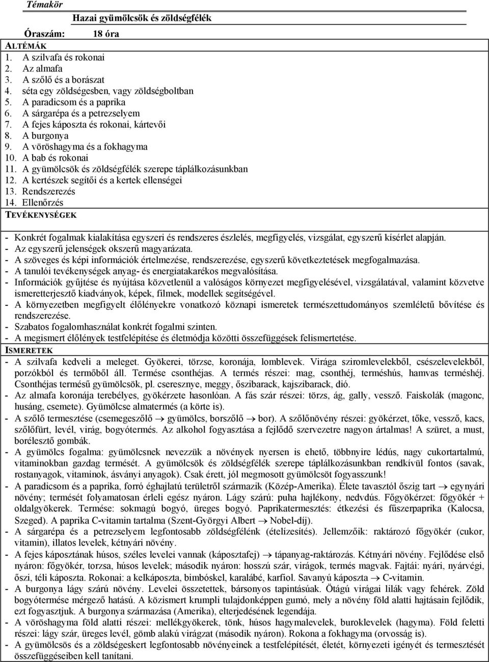 A gyümölcsök és zöldségfélék szerepe táplálkozásunkban 12. A kertészek segítői és a kertek ellenségei 13. Rendszerezés 14.