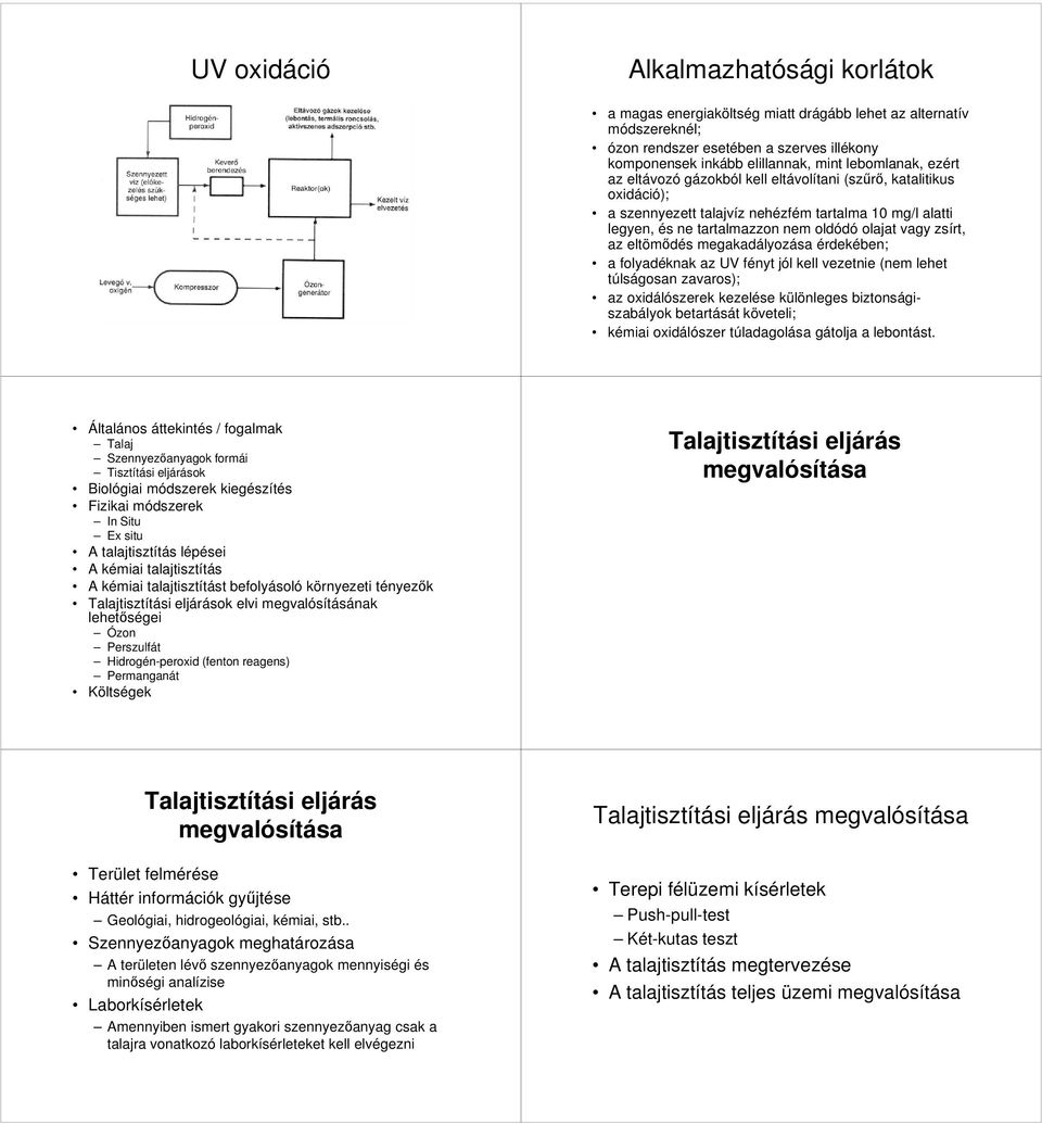 eltömődés megakadályozása érdekében; a folyadéknak az UV fényt jól kell vezetnie (nem lehet túlságosan zavaros); az oxidálószerek kezelése különleges biztonságiszabályok betartását követeli; kémiai