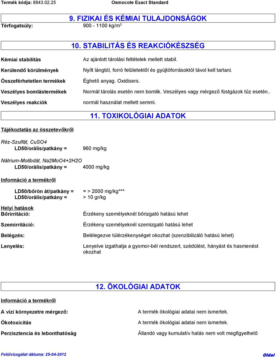 Nyílt lángtól, forró felületektől és gyújtóforrásoktól távol kell tartani. Éghető anyag. Oxidisers. Normál tárolás esetén nem bomlik. Veszélyes vagy mérgező füstgázok tűz esetén.