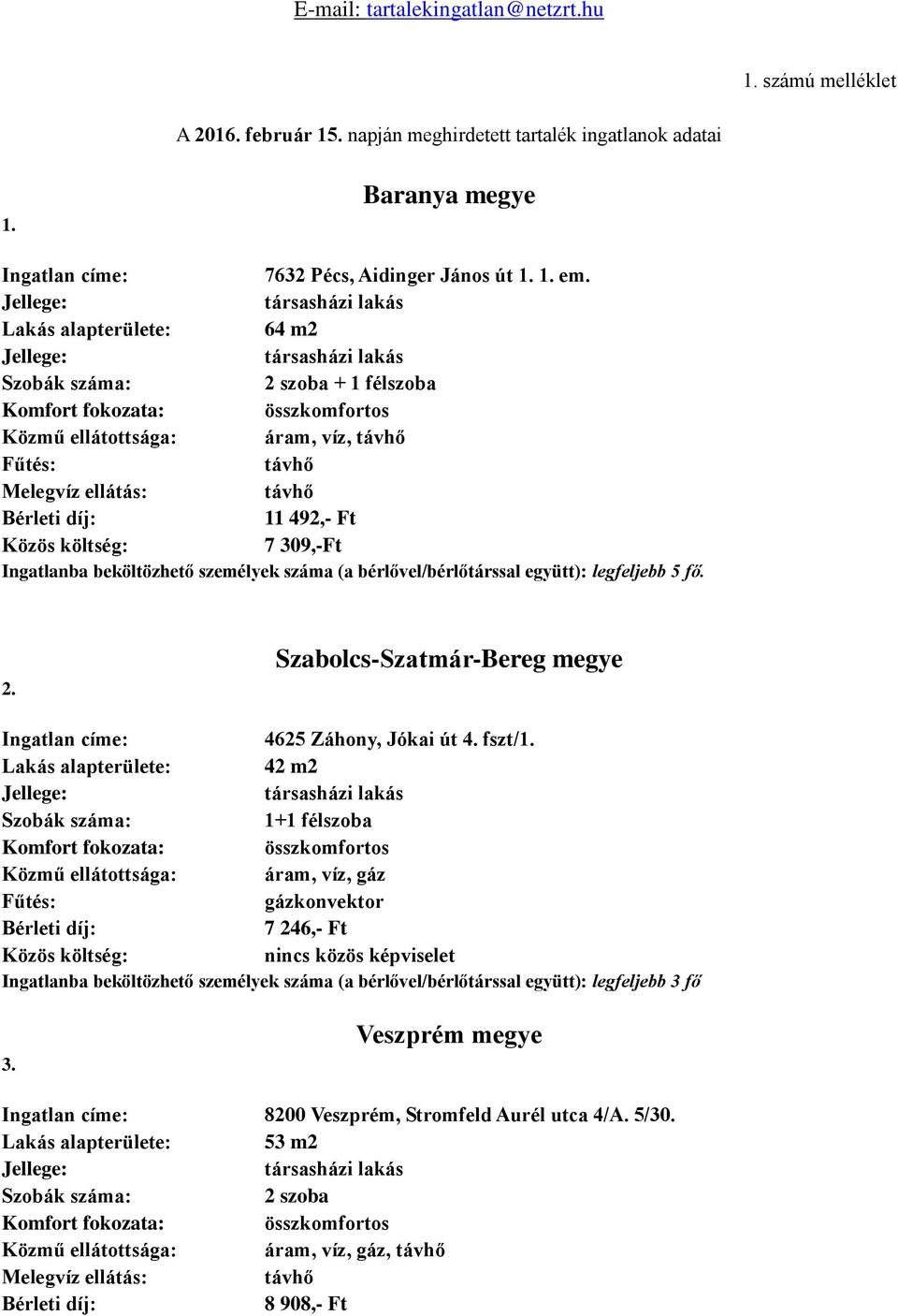 személyek száma (a bérlővel/bérlőtárssal együtt): legfeljebb 5 fő. 2. Szabolcs-Szatmár-Bereg megye Ingatlan címe: 4625 Záhony, Jókai út 4. fszt/1.