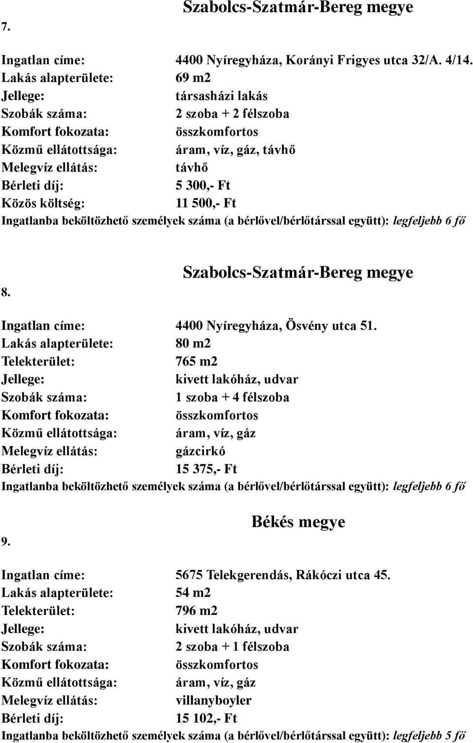 bérlővel/bérlőtárssal együtt): legfeljebb 6 fő 8. Szabolcs-Szatmár-Bereg megye Ingatlan címe: 4400 Nyíregyháza, Ösvény utca 51.