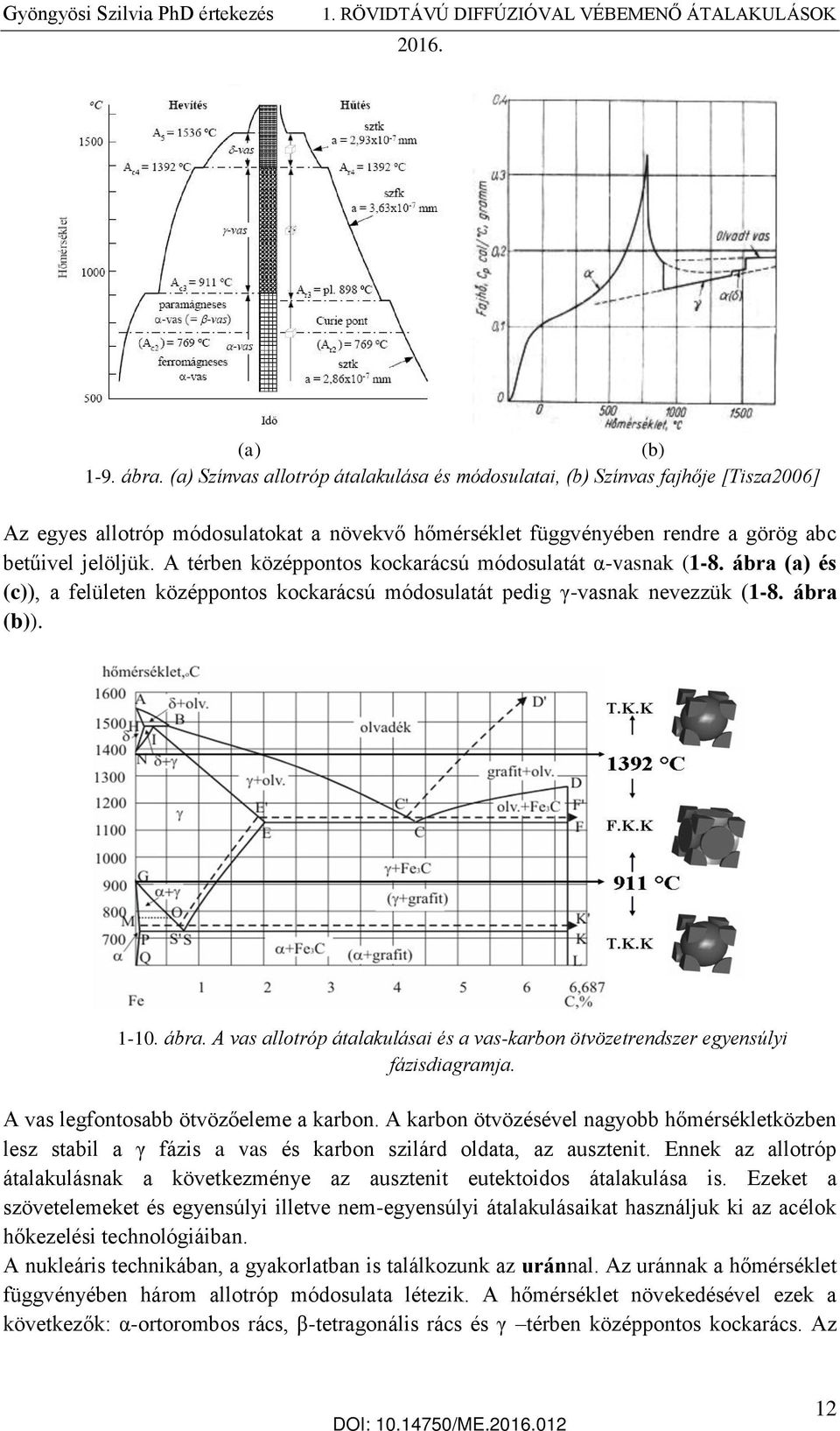 A térben középpontos kockarácsú módosulatát α-vasnak (1-8. ábra (a) és (c)), a felületen középpontos kockarácsú módosulatát pedig γ-vasnak nevezzük (1-8. ábra (b)). 1-10. ábra. A vas allotróp átalakulásai és a vas-karbon ötvözetrendszer egyensúlyi fázisdiagramja.