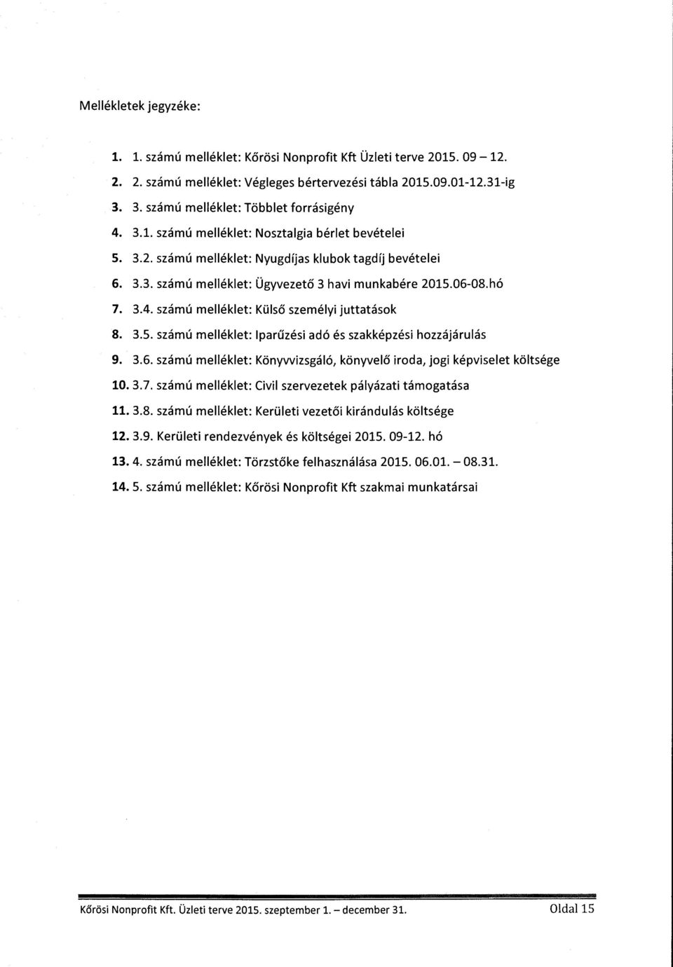 06-08.hó 7. 3.4. számú melléklet: Külső személyi juttatásk 8. 3.5. számú melléklet: lparűzési adó és szakképzési hzzájárulás 9. 3.6. számú melléklet: Könyvvizsgáló, könyvelő irda, jgi képviselet költsége 10.