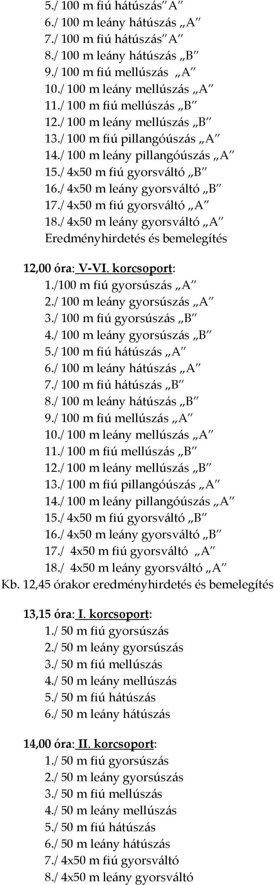 / 4x50 m leány gyorsváltó A Eredményhirdetés és bemelegítés 12,00 óra: V-VI. korcsoport: 1./100 m fiú gyorsúszás A 2./ 100 m leány gyorsúszás A 3./ 100 m fiú gyorsúszás B 4.