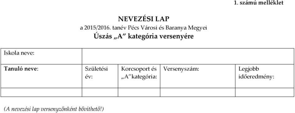 versenyére Iskola neve: Tanuló neve: Születési év: Korcsoport