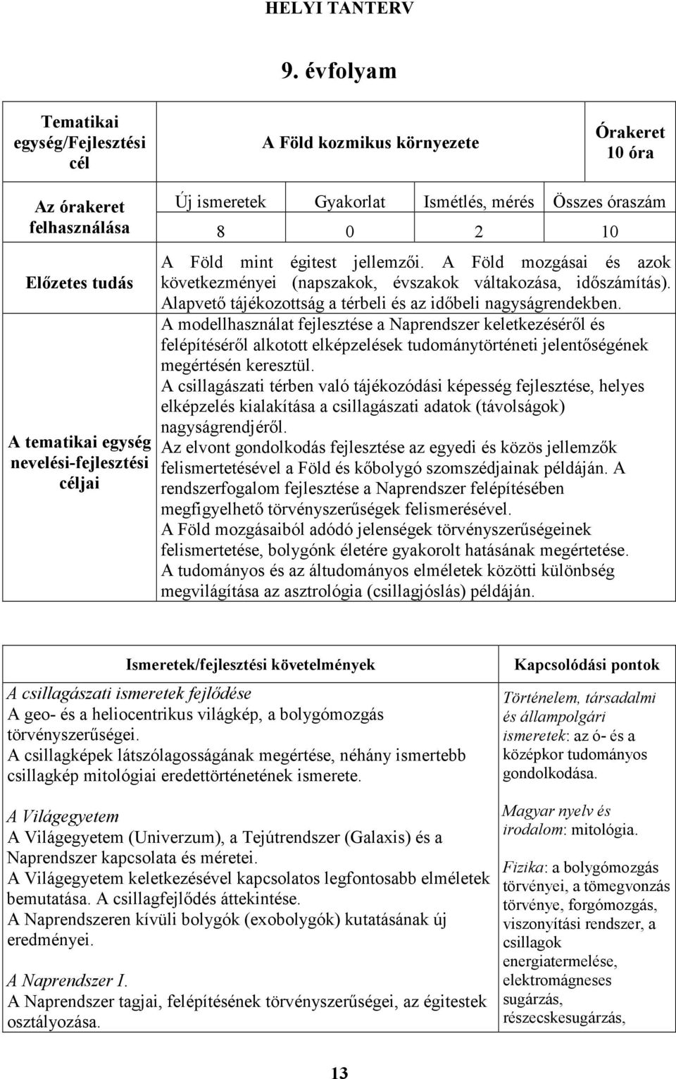 Ismétlés, mérés Összes óraszám 8 0 2 10 A Föld mint égitest jellemzői. A Föld mozgásai és azok következményei (napszakok, évszakok váltakozása, időszámítás).