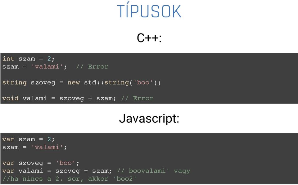 szam = 2; szam = 'valami'; Javascript: var szoveg = 'boo'; var