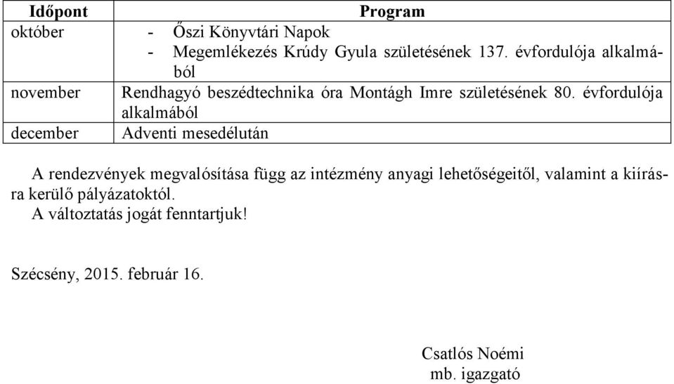 évfordulója alkalmából december Adventi mesedélután A rendezvények megvalósítása függ az intézmény anyagi