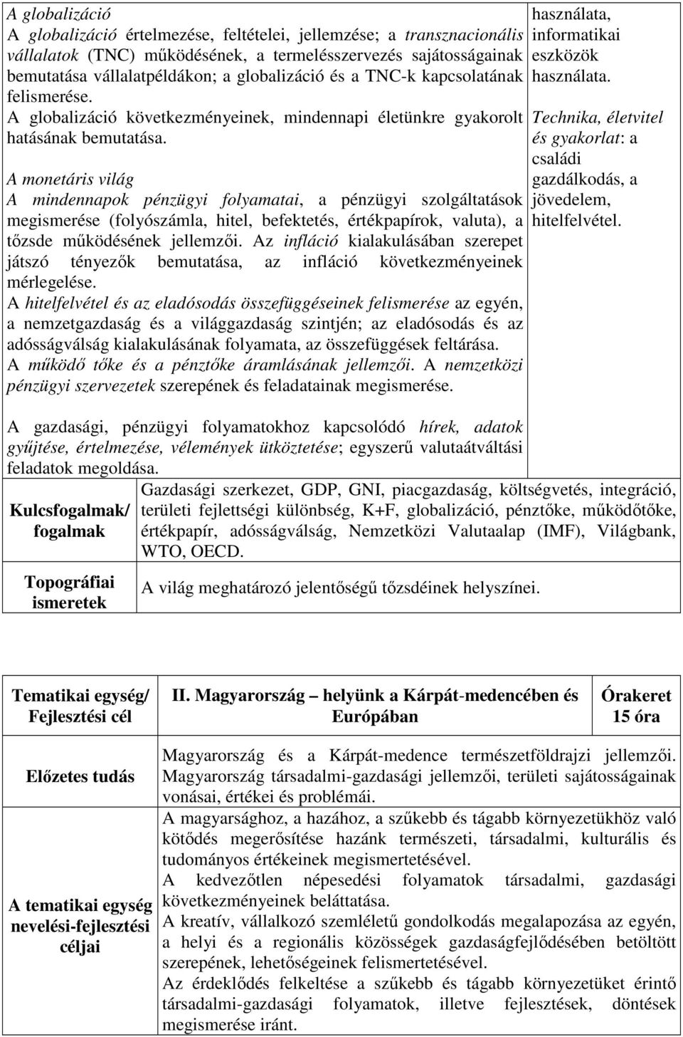 A monetáris világ A mindennapok pénzügyi folyamatai, a pénzügyi szolgáltatások megismerése (folyószámla, hitel, befektetés, értékpapírok, valuta), a tőzsde működésének jellemzői.