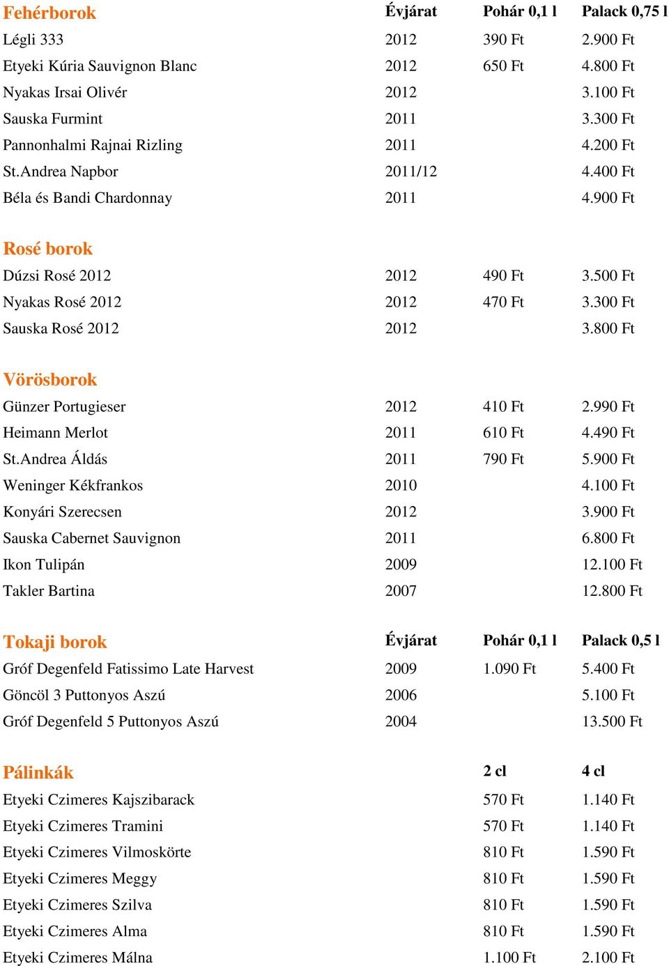 300 Ft Sauska Rosé 2012 2012 3.800 Ft Vörösborok Günzer Portugieser 2012 410 Ft 2.990 Ft Heimann Merlot 2011 610 Ft 4.490 Ft St.Andrea Áldás 2011 790 Ft 5.900 Ft Weninger Kékfrankos 2010 4.