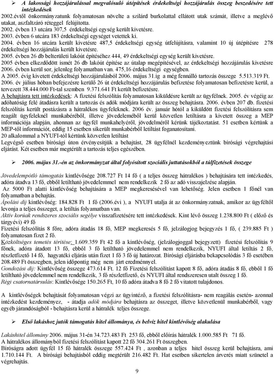 évben 13 utcára 307,5 érdekeltségi egység került kivetésre. 2003. évben 6 utcára 183 érdekeltségi egységet vetettek ki. 2004.