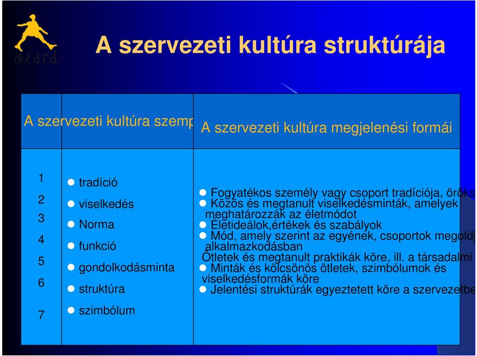 meghatározzák az életmódot Életideálok,értékek és szabályok Mód, amely szerint az egyének, csoportok megoldj alkalmazkodásban Ötletek és megtanult