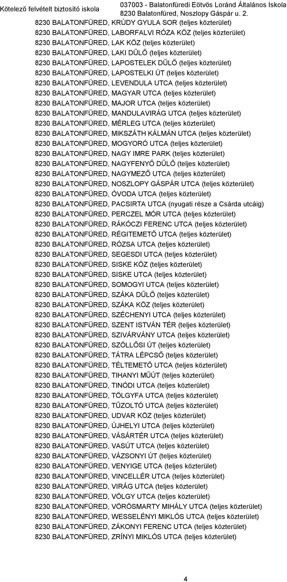 közterület) 8230 BALATONFÜRED, LAPOSTELEK DŰLŐ (teljes közterület) 8230 BALATONFÜRED, LAPOSTELKI ÚT (teljes közterület) 8230 BALATONFÜRED, LEVENDULA UTCA (teljes közterület) 8230 BALATONFÜRED, MAGYAR