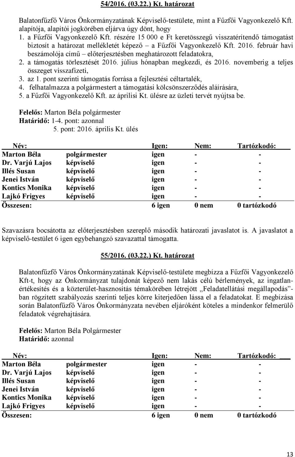 február havi beszámolója című előterjesztésben meghatározott feladatokra, 2. a támogatás törlesztését 2016. július hónapban megkezdi, és 2016. novemberig a teljes összeget visszafizeti, 3. az 1.