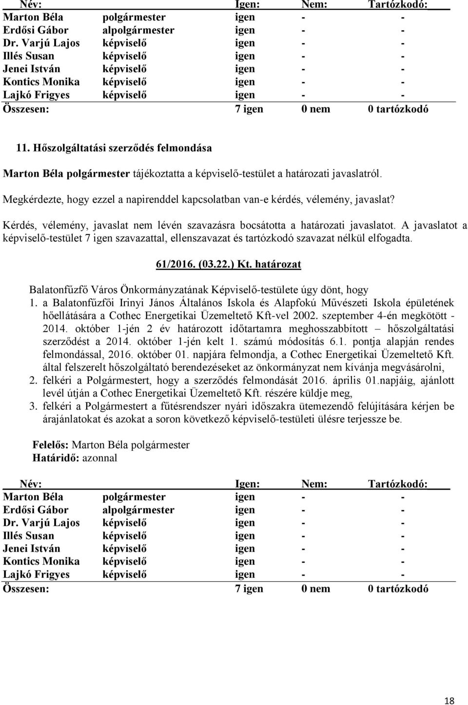 A javaslatot a képviselő-testület 7 igen szavazattal, ellenszavazat és tartózkodó szavazat nélkül elfogadta. 61/2016. (03.22.) Kt.