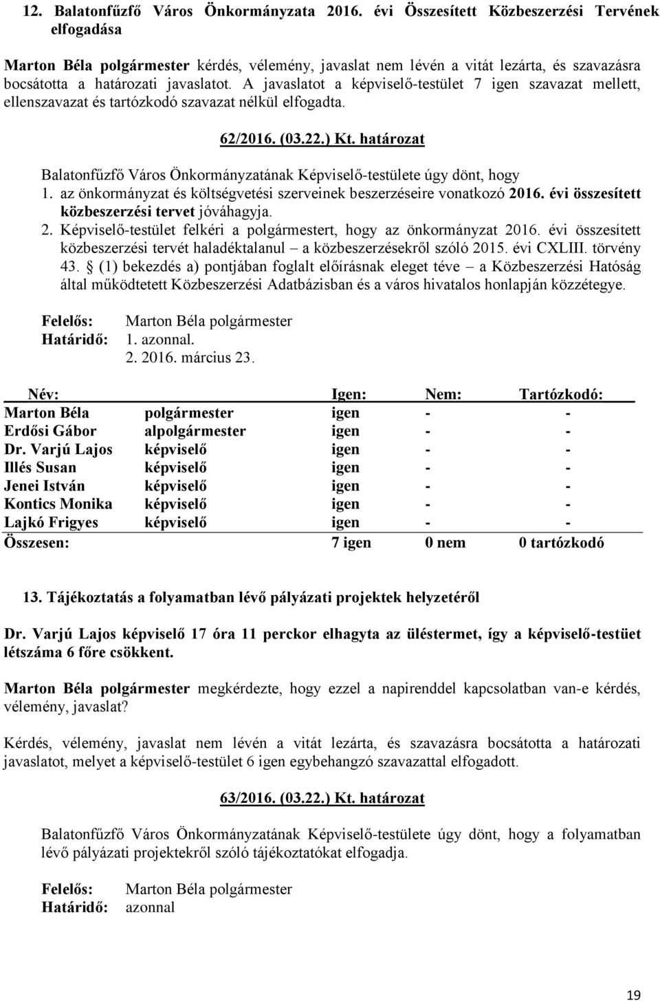 A javaslatot a képviselő-testület 7 igen szavazat mellett, ellenszavazat és tartózkodó szavazat nélkül elfogadta. 62/2016. (03.22.) Kt.