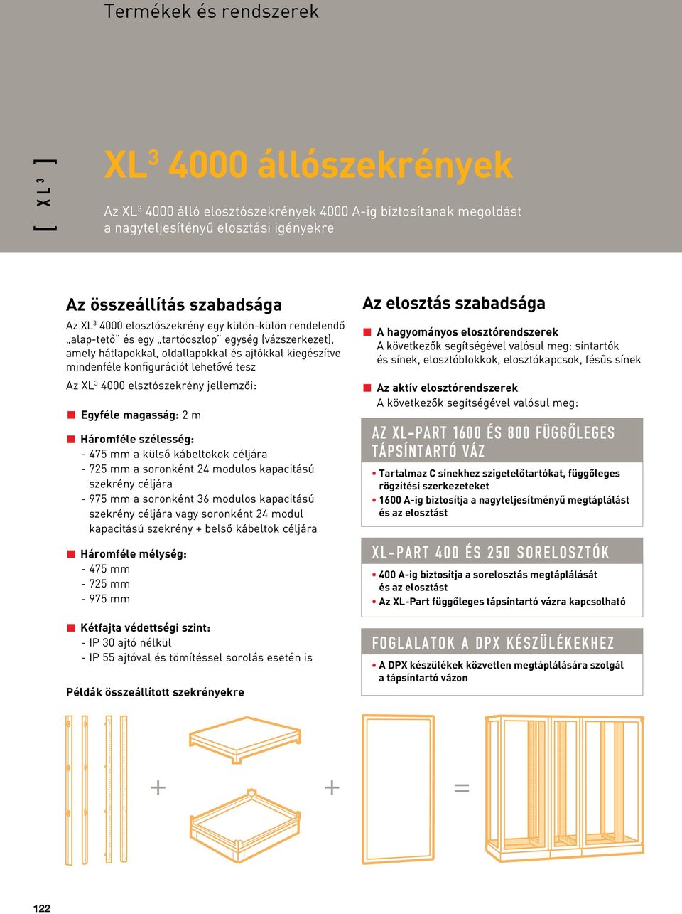 XL 3 4000 elsztószekrény jellemzôi: Egyféle magasság: 2 m áromféle szélesség: - 475 mm a külsô kábeltokok céljára - 725 mm a soronként 24 modulos kapacitású szekrény céljára - 975 mm a soronként 36