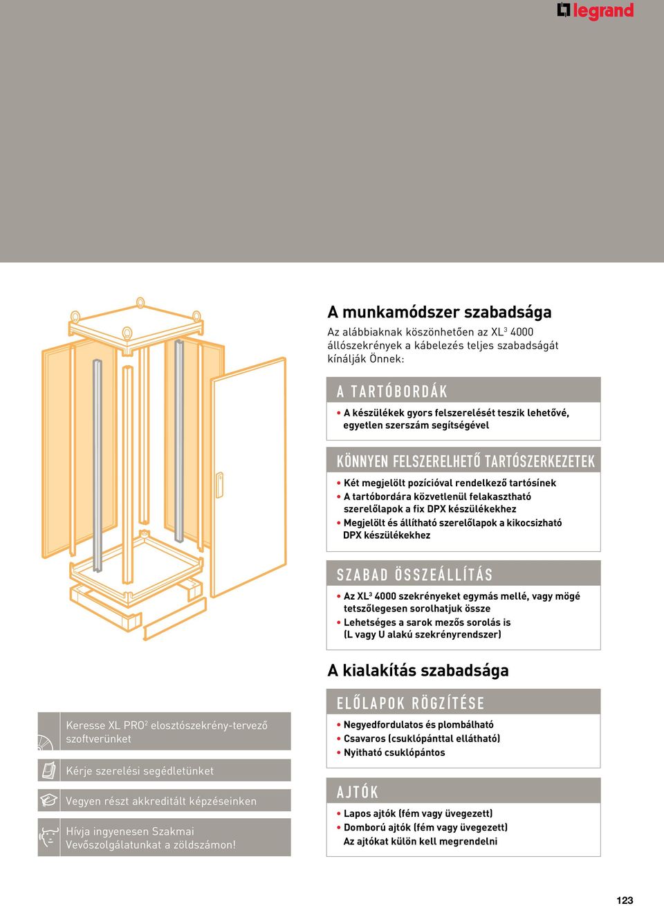 Megjelölt és állítható szerelôlapok a kikocsizható DX készülékekhez Szabad összeállítás Az XL 3 4000 szekrényeket egymás mellé, vagy mögé tetszôlegesen sorolhatjuk össze Lehetséges a sarok mezôs