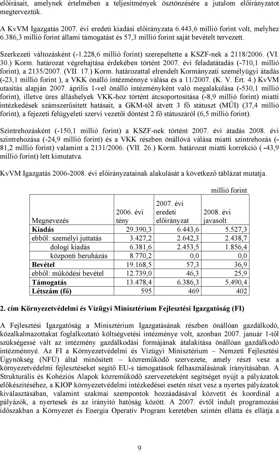 határozat végrehajtása érdekében történt 2007. évi feladatátadás (-710,1 millió forint), a 2135/2007. (VII. 17.) Korm.