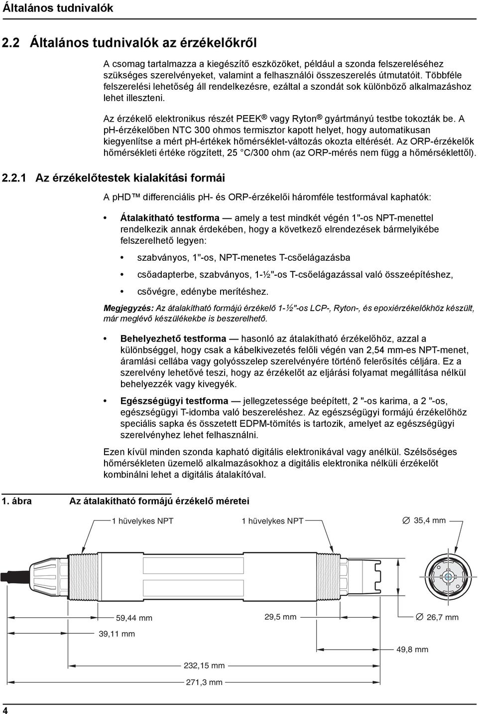 Többféle felszerelési lehetőség áll rendelkezésre, ezáltal a szondát sok különböző alkalmazáshoz lehet illeszteni. Az érzékelő elektronikus részét PEEK vagy Ryton gyártmányú testbe tokozták be.