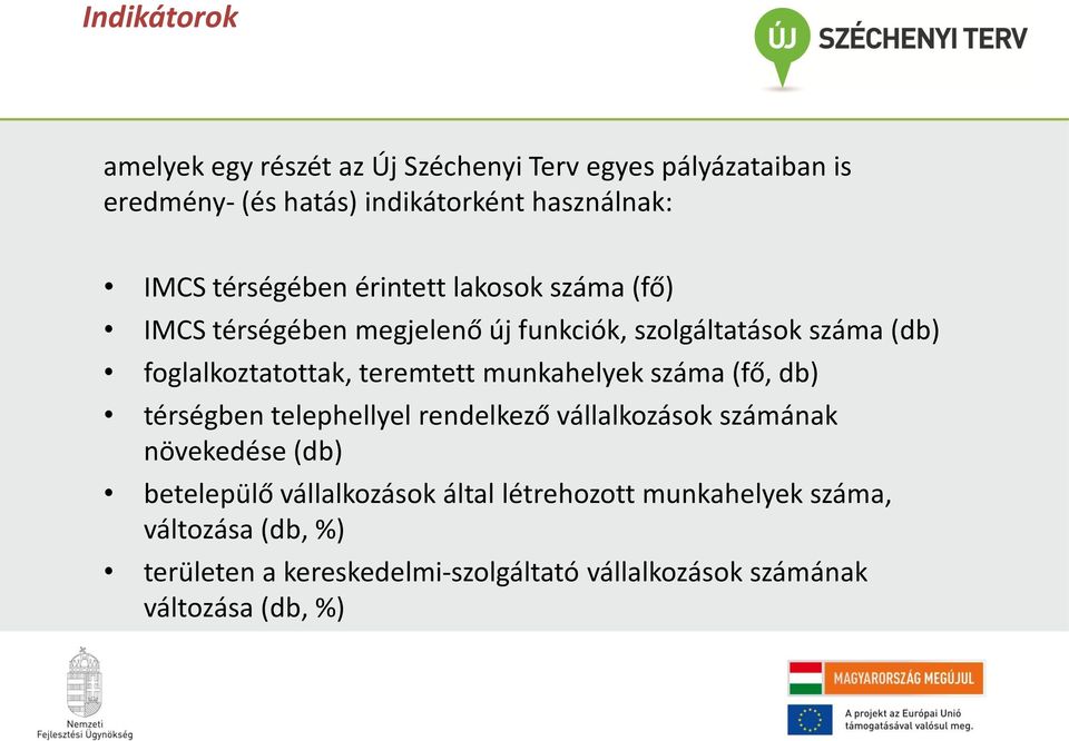 teremtett munkahelyek száma (fő, db) térségben telephellyel rendelkező vállalkozások számának növekedése (db) betelepülő