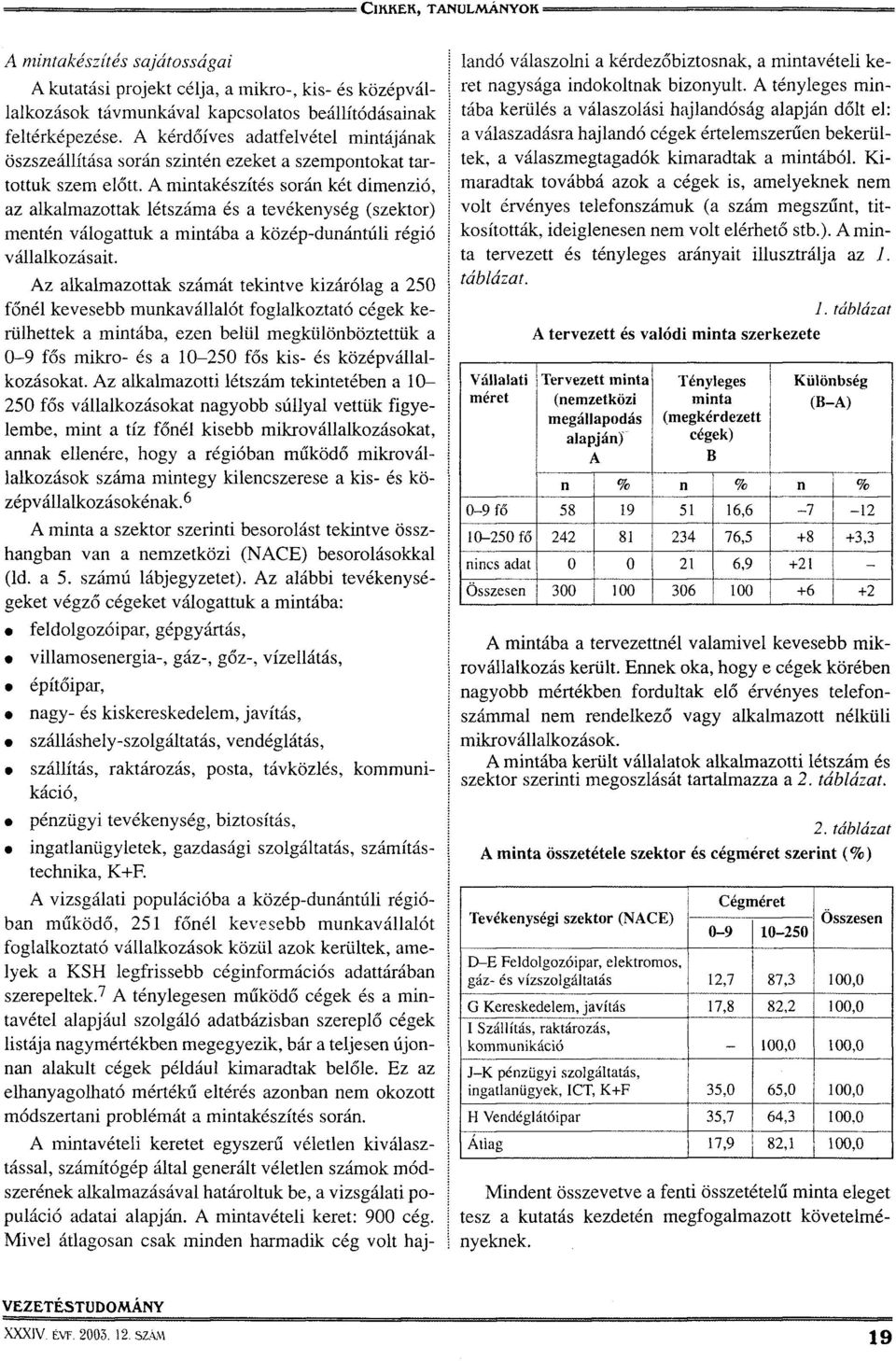 A mintakészítés során két dimenzió, az alkalmazottak létszáma és a tevékenység (szektor) mentén válogattuk a mintába a közép-dunántúli régió vállalkozásait.