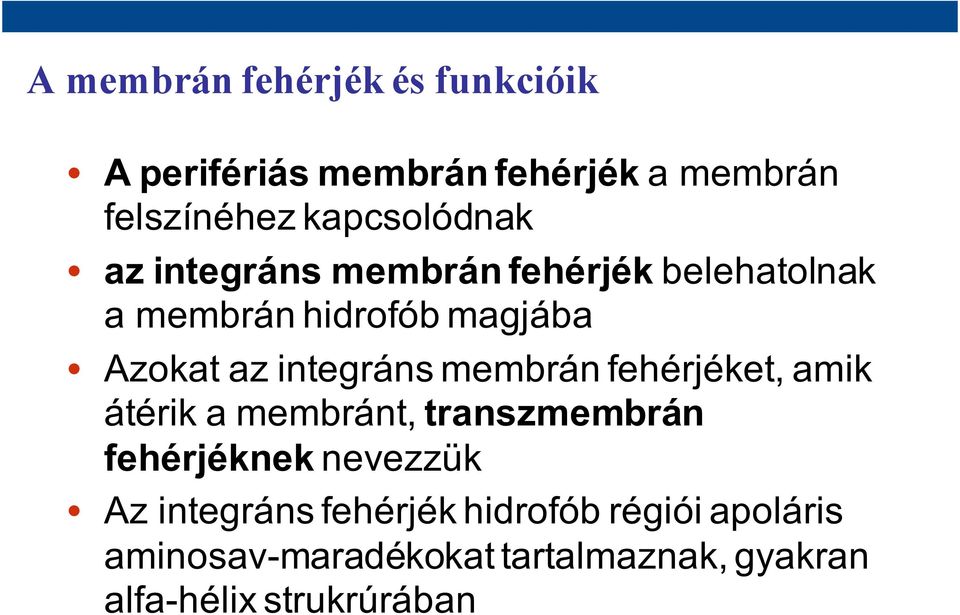 integránsmembránfehérjéket, amik átérik a membránt, transzmembrán fehérjéknek nevezzük Az