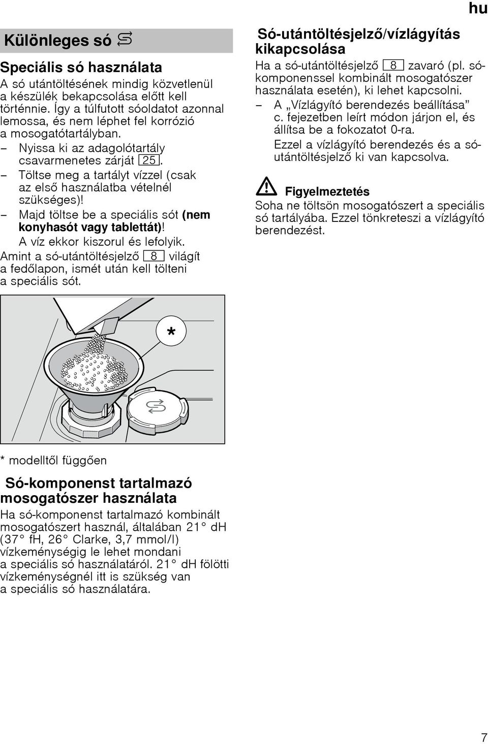 Töltse meg a tartályt vízzel (csak az els használatba vételnél szükséges)! Majd töltse be a speciális sót (nem konyhasót vagy tablettát)! A víz ekkor kiszorul és lefolyik.