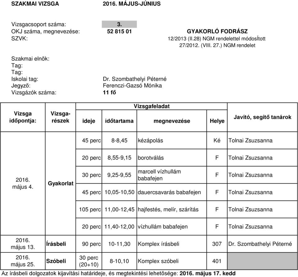 Tolnai Zsuzsanna 105 perc 11,00-12,45 hajfestés, melír, szárítás F Tolnai Zsuzsanna 20 perc 11,40-12,00 vízhullám babafejen F Tolnai Zsuzsanna Írásbeli 90 perc