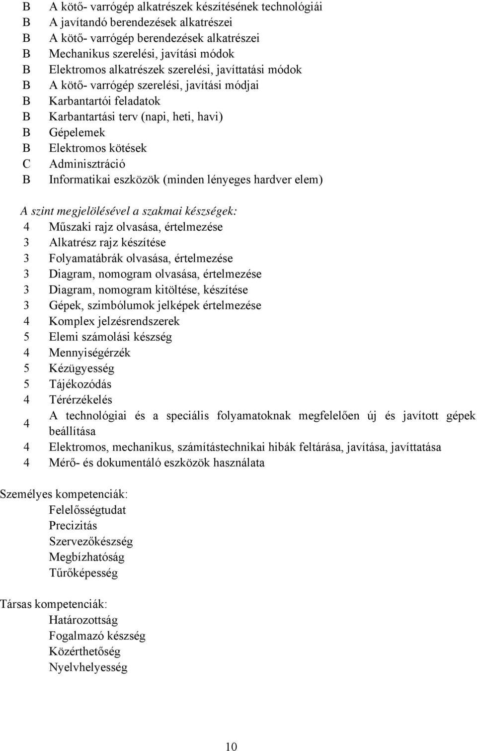 (minden lényeges hardver elem) A szint megjelölésével a szakmai készségek: 4 Műszaki rajz olvasása, értelmezése 3 Alkatrész rajz készítése 3 Folyamatábrák olvasása, értelmezése 3 Diagram, nomogram