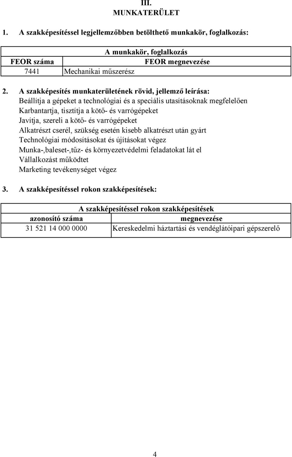 kötő- és varrógépeket Alkatrészt cserél, szükség esetén kisebb alkatrészt után gyárt Technológiai módosításokat és újításokat végez Munka-,baleset-,tűz- és környezetvédelmi feladatokat lát el