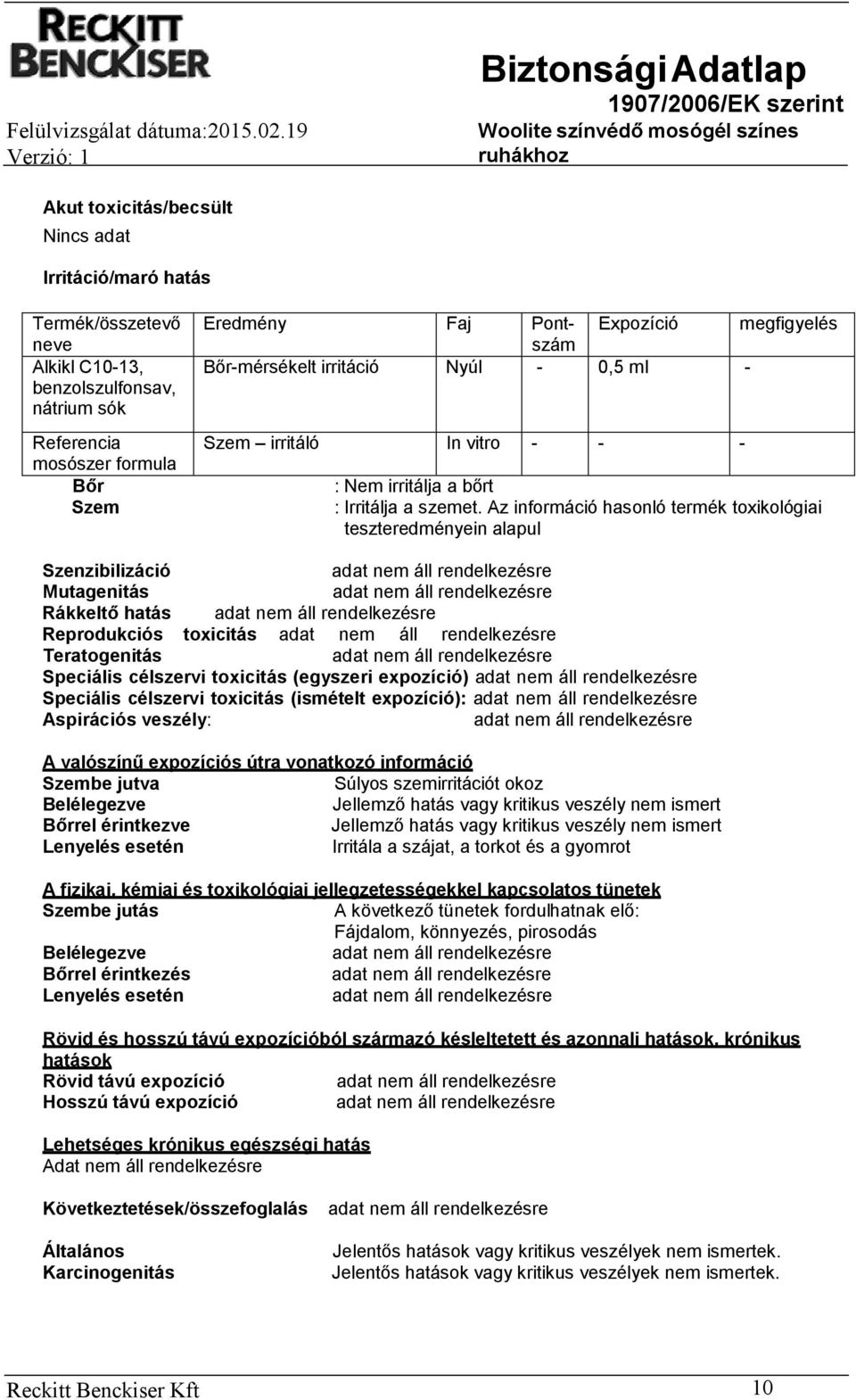 Az információ hasonló termék toxikológiai teszteredményein alapul Szenzibilizáció Mutagenitás Rákkeltő hatás Reprodukciós toxicitás Teratogenitás Speciális célszervi toxicitás (egyszeri expozíció)