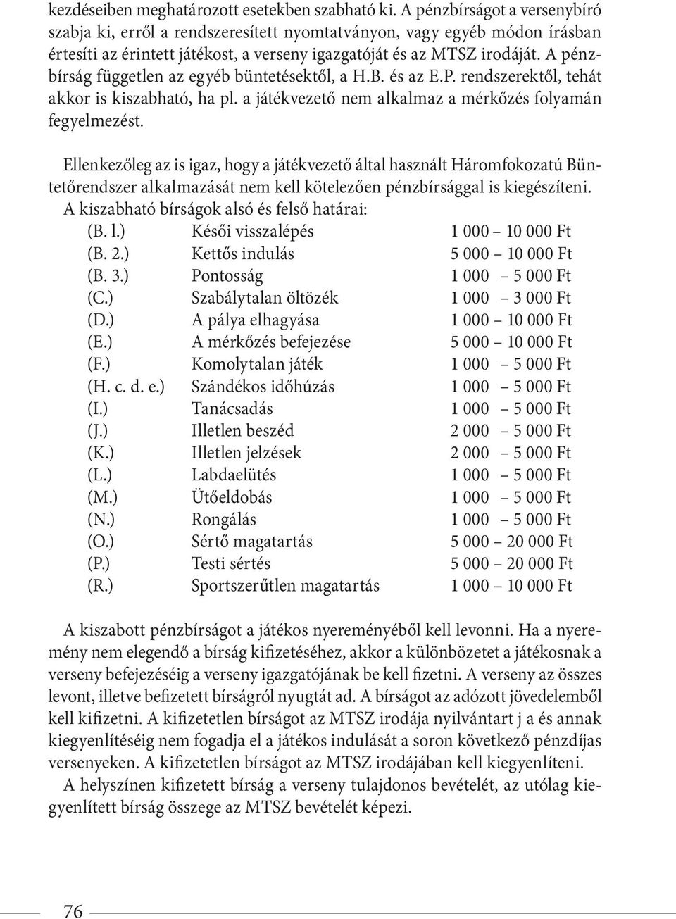 A pénzbírság független az egyéb büntetésektől, a H.B. és az E.P. rendszerektől, tehát akkor is kiszabható, ha pl. a játékvezető nem alkalmaz a mérkőzés folyamán fegyelmezést.