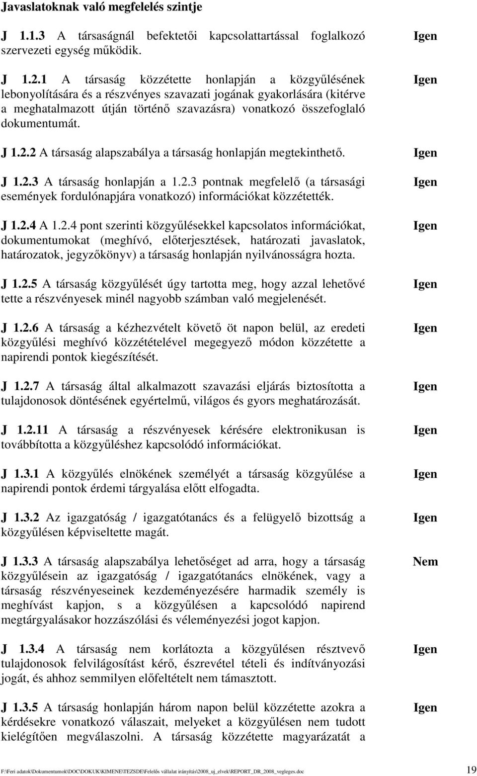 J 1.2.2 A társaság alapszabálya a társaság honlapján megtekinthet. J 1.2.3 A társaság honlapján a 1.2.3 pontnak megfelel (a társasági események fordulónapjára vonatkozó) információkat közzétették.