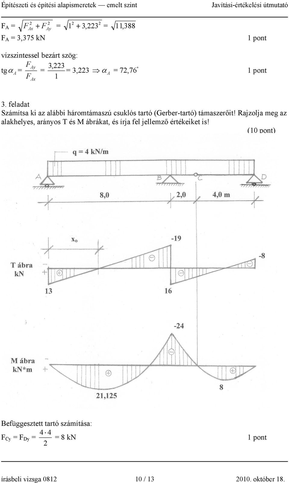 feladat Számítsa ki az alábbi háromtámaszú csuklós tartó (Gerber-tartó) támaszerőit!